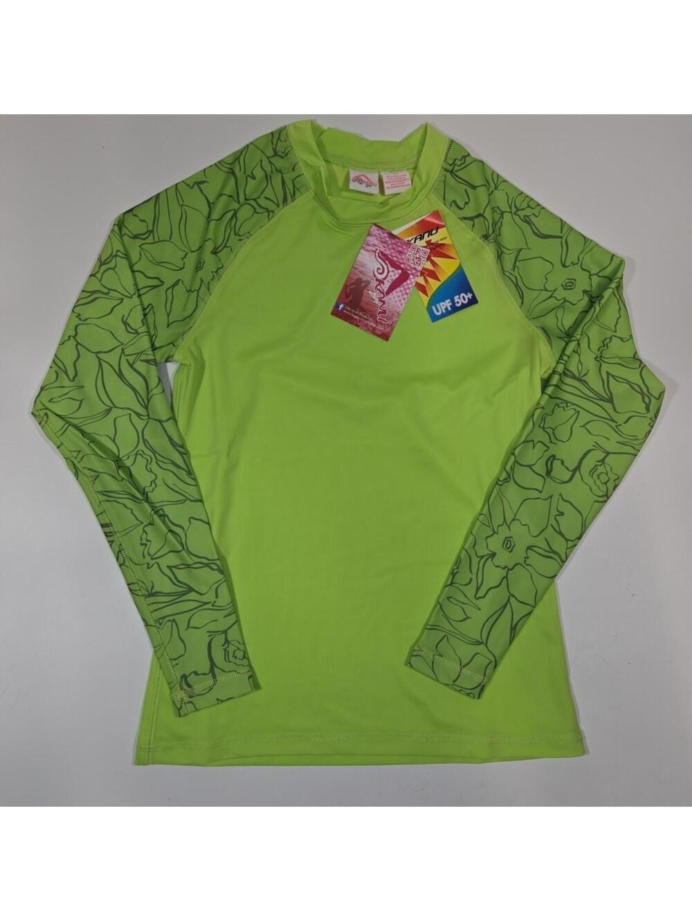 Kanu Surf Girls Orchid LS Rash Guard Shirt Lime Green Floral Long Sleeve XS UPF